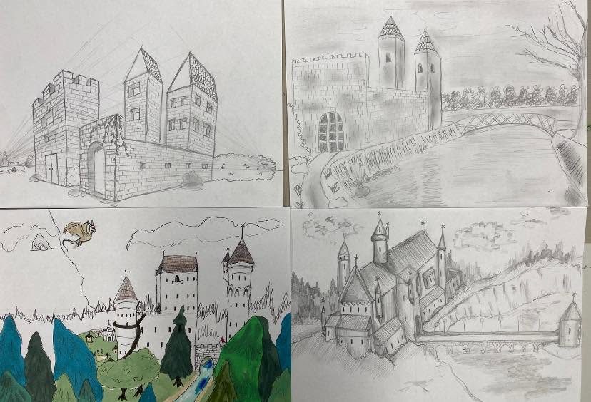 Zestaw szkiców architektonicznych — zamki, mosty i miasteczka
