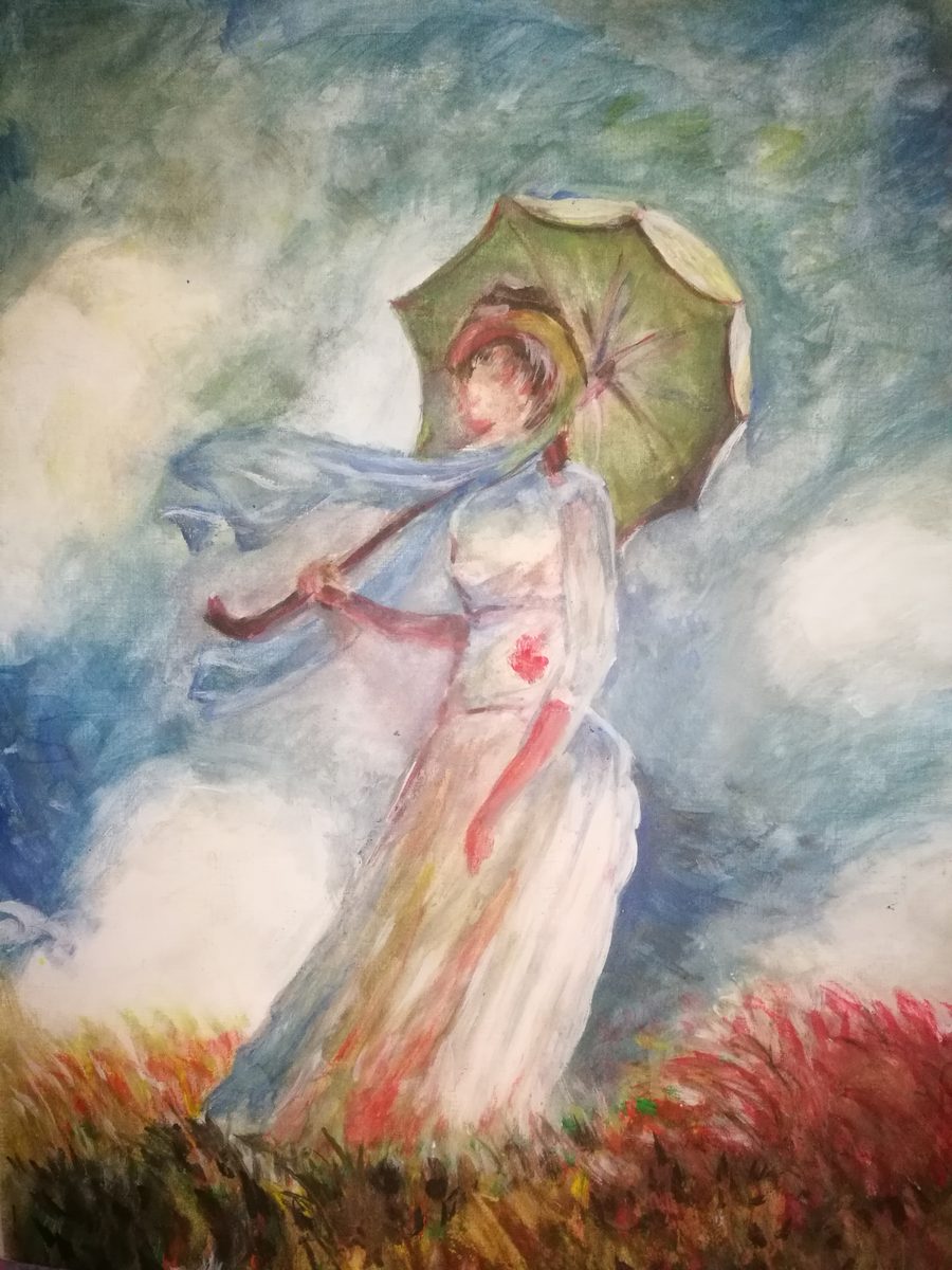 Kobieta z parasolką na wietrze, pastel