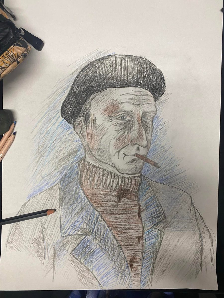 Portret mężczyzny w berecie, kredka i ołówek