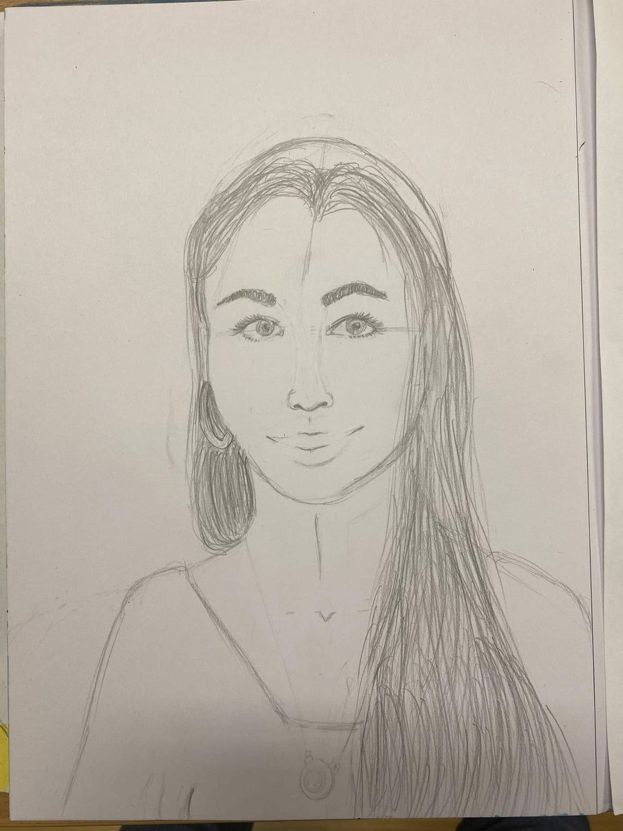 Portret dziewczyny z długimi włosami, rysunek ołówkiem
