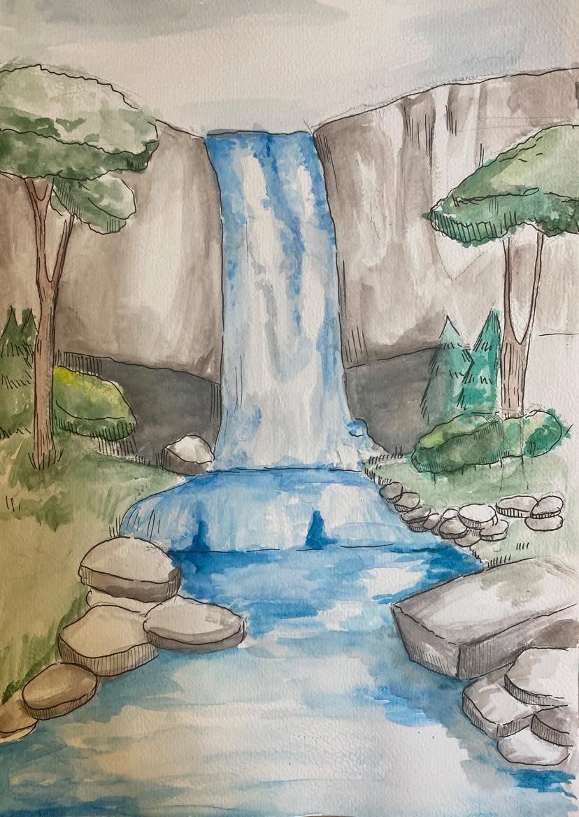 Wodospad w lesie, akwarela